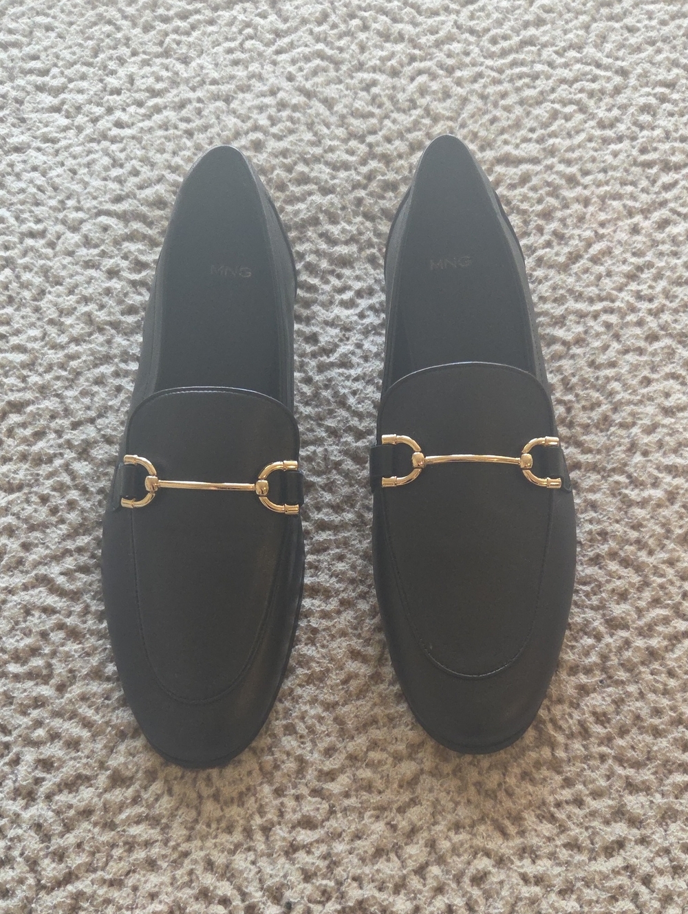 Mango Black Leather Loafers with Gold Bit Detail